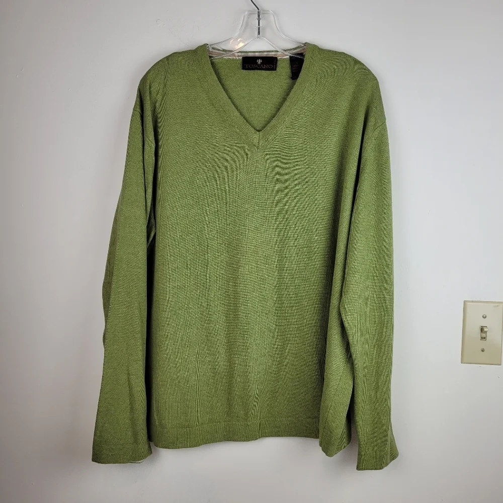 Toscano cotton blend men's olive light green V-neck soft cozy sweater preppy L